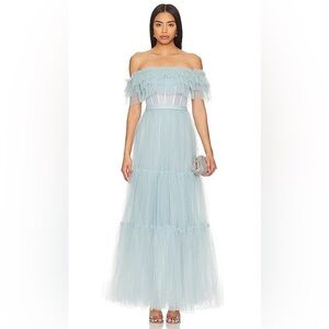 NWT BCBGMaxAzria Blue Ruffled Tiered Tool Gown